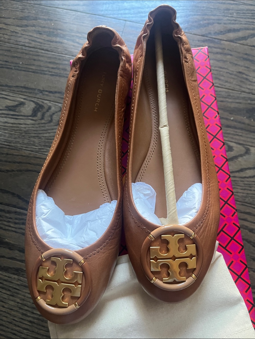 Tory Burch Brown Leather Ballet Flats with Gold Logo Medallion